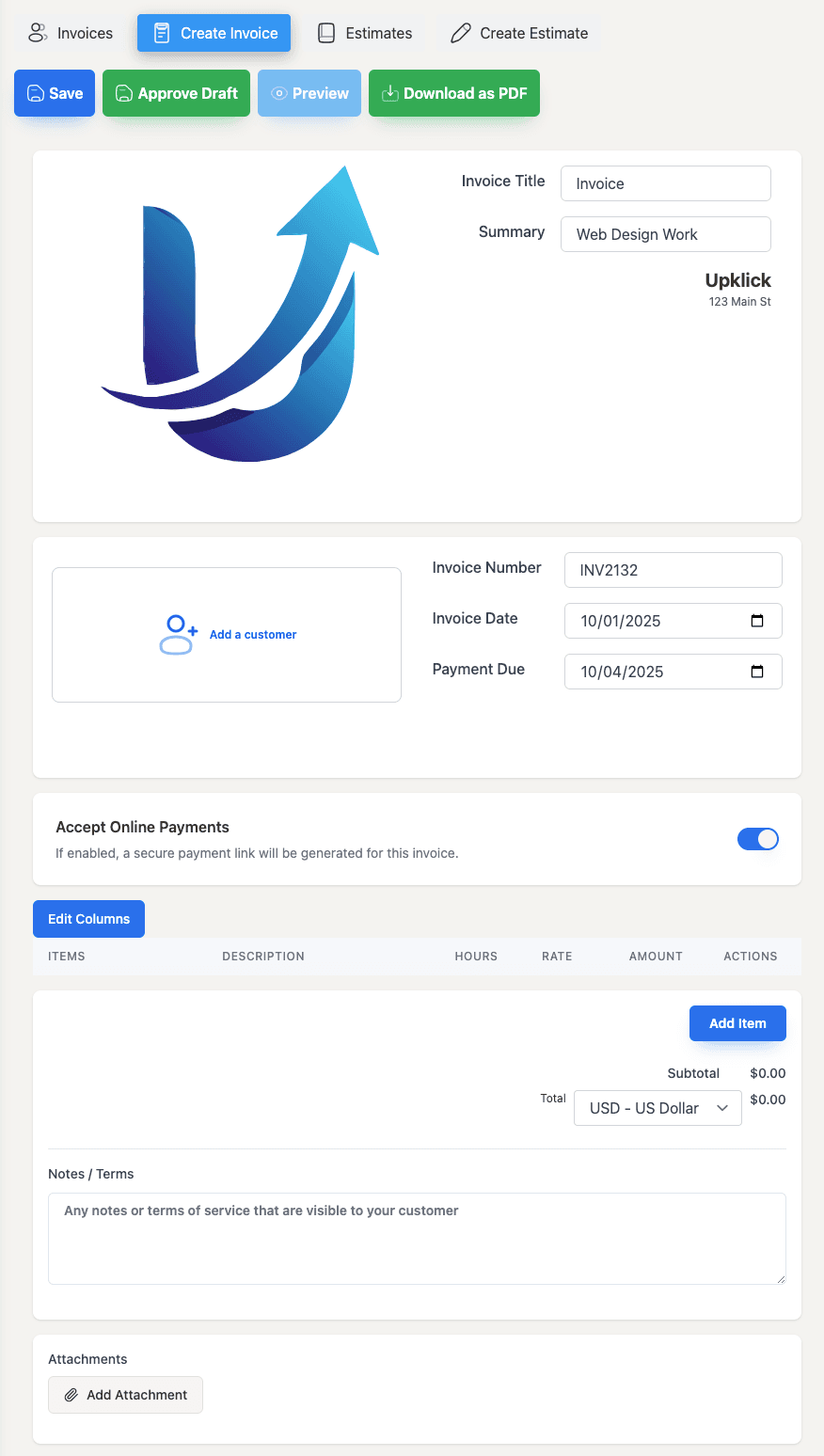 UpKlick Invoicing Platform UI